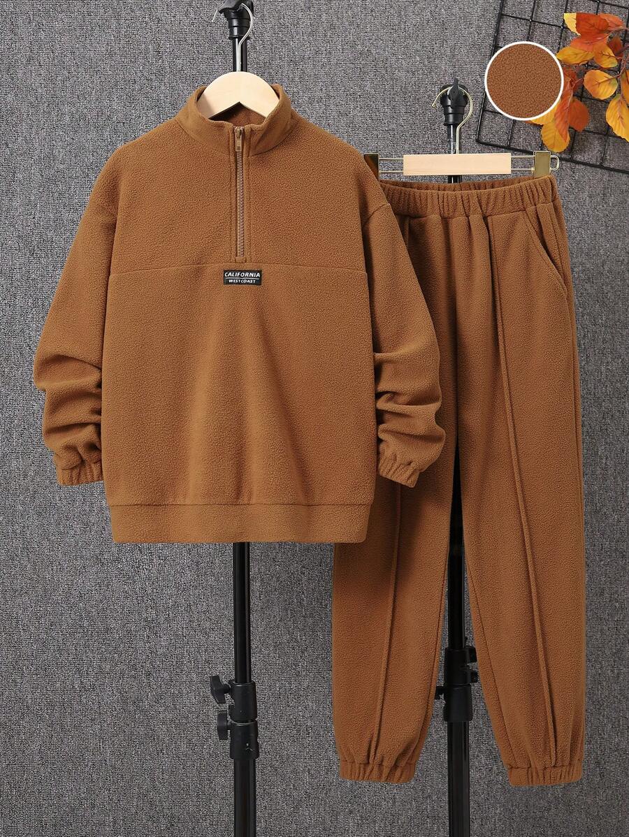 SHEIN Tween Boy Letter Patched Detail Half Zip Sweatshirt & Sweatpants - Khaki - View 1