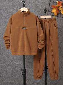 SHEIN Tween Boy Letter Patched Detail Half Zip Sweatshirt & Sweatpants - Khaki - View 3