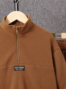 SHEIN Tween Boy Letter Patched Detail Half Zip Sweatshirt & Sweatpants - Khaki - View 4