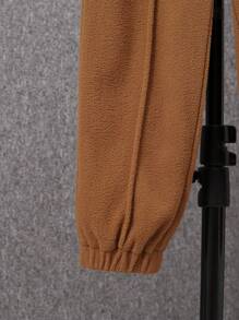 SHEIN Tween Boy Letter Patched Detail Half Zip Sweatshirt & Sweatpants - Khaki - View 10