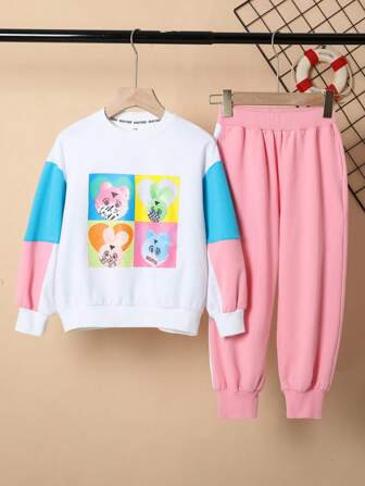 女大童卡通圖案撞色套頭衫和運動褲