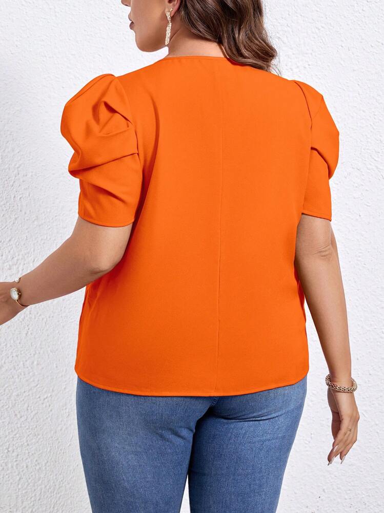 SHEIN LUNE 大码女式休闲日常通勤纯色开领泡泡袖宽松衬衫 - 橘色 - 查看 2