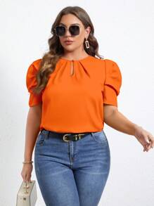 SHEIN LUNE Blusa holgada de manga abullonada con cuello abierto y unicolor para uso casual y diario para mujeres de talla grande - Naranja - Ver 6