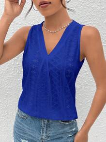 SHEIN Essnce Eyelet Embroidery V Neck Tank Top - Royal Blue - View 3