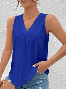 SHEIN Essnce Eyelet Embroidery V Neck Tank Top - Royal Blue - View 4