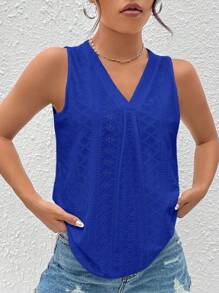 SHEIN Essnce Eyelet Embroidery V Neck Tank Top - Royal Blue - View 5