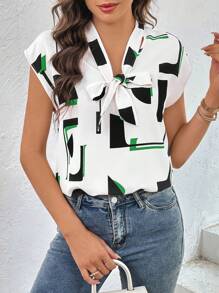 SHEIN Privé Geo Print Tie Neck Batwing Sleeve Blouse