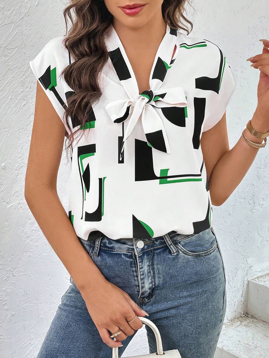 SHEIN Privé Geo Print Tie Neck Batwing Sleeve Blouse