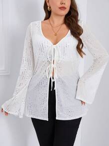 SHEIN Essnce Plus Tie Front Trumpet Sleeve Sequin Top Without Bra - White - View 5