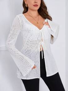 SHEIN Essnce Plus Tie Front Trumpet Sleeve Sequin Top Without Bra - White - View 4