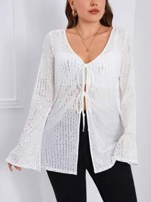 SHEIN Essnce Plus Tie Front Trumpet Sleeve Sequin Top Without Bra - White - View 3