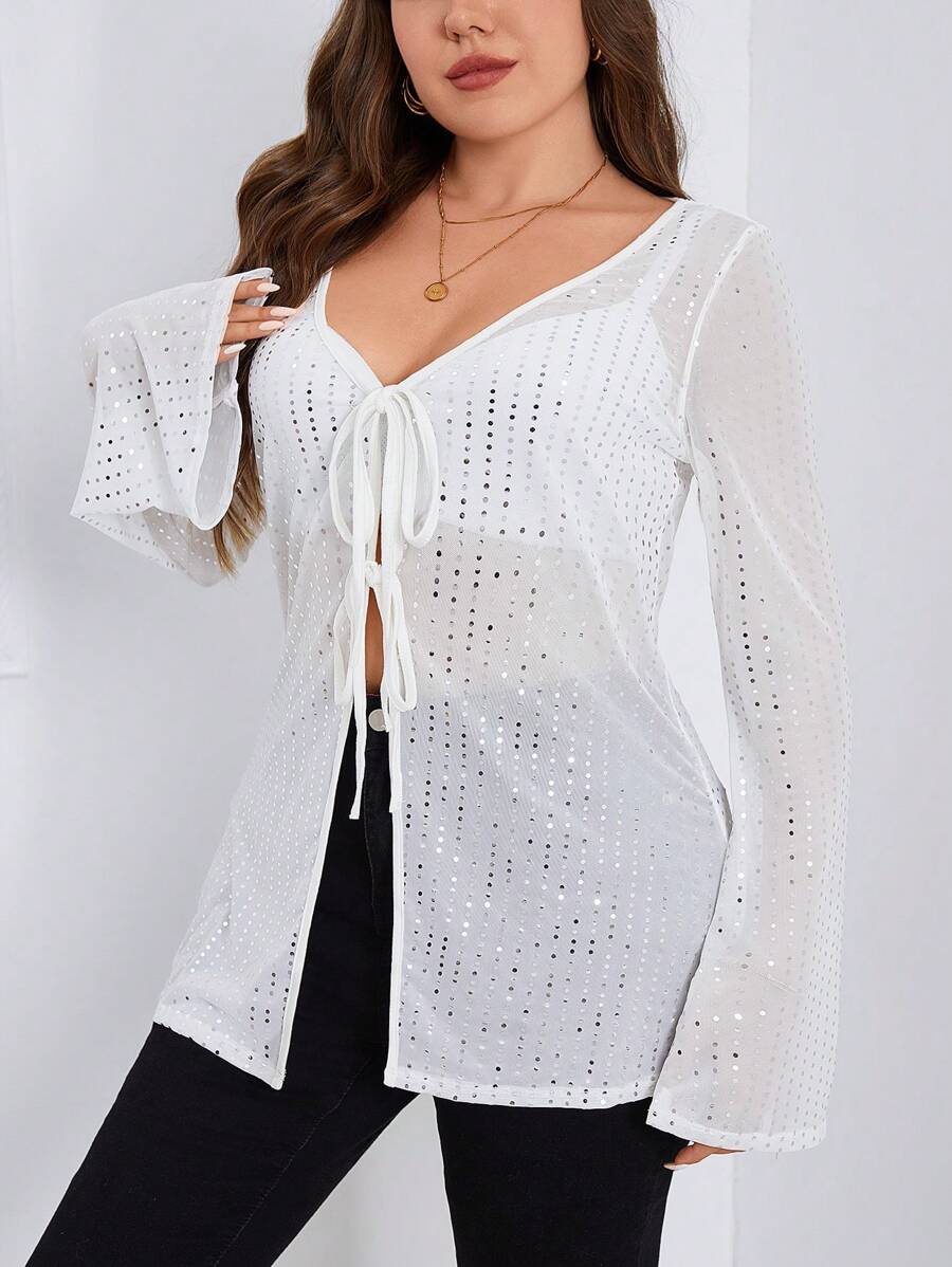 SHEIN Essnce Plus Tie Front Trumpet Sleeve Sequin Top Without Bra - White - View 1