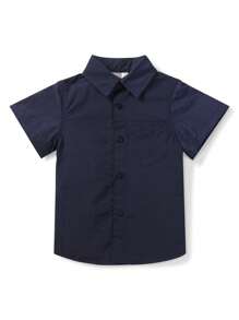 Tween Boy Solid Button Front Shirt - Navy Blue - View 1