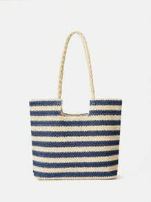 SHEIN VCAY 條紋圖案編織草編包帶大容量,合適的適用於度假&海灘 - 彩色 - 查看 2