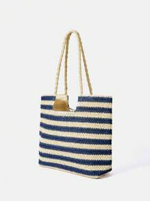 SHEIN VCAY 條紋圖案編織草編包帶大容量,合適的適用於度假&海灘 - 彩色 - 查看 3