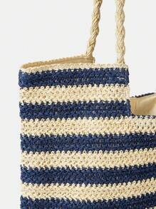 SHEIN VCAY 條紋圖案編織草編包帶大容量,合適的適用於度假&海灘 - 彩色 - 查看 4