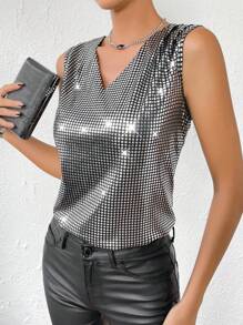 EMERY ROSE Top tank de cuello V con lentejuelas - Plateado - Ver 1