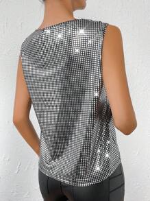 EMERY ROSE Top tank de cuello V con lentejuelas - Plateado - Ver 2