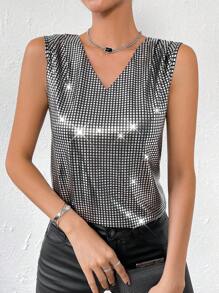 EMERY ROSE Top tank de cuello V con lentejuelas - Plateado - Ver 3