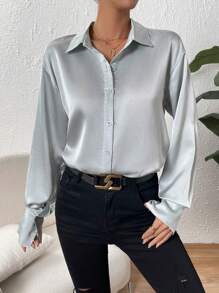 SHEIN Privé 素色前紐扣緞面襯衫 - 薄荷綠 - 查看 3