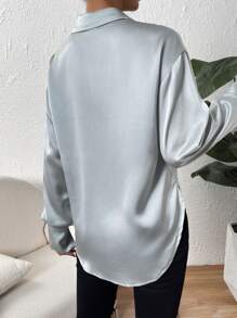 SHEIN Privé 素色前紐扣緞面襯衫 - 薄荷綠 - 查看 2