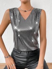 EMERY ROSE Top tank de cuello V con lentejuelas - Plateado - Ver 5