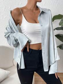 SHEIN Privé 素色前紐扣緞面襯衫 - 薄荷綠 - 查看 4