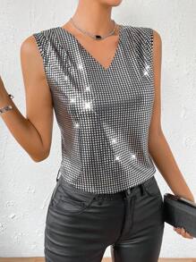 EMERY ROSE Top tank de cuello V con lentejuelas - Plateado - Ver 6