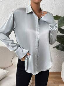 SHEIN Privé 素色前紐扣緞面襯衫 - 薄荷綠 - 查看 6