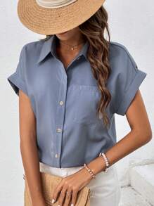 SHEIN VCAY Solid Button Front Pocket Patched Shirt - Dusty Blue - View 5