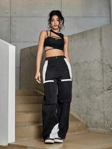 Street Colorblock Wide Leg Cargo Pants - Black - View 3