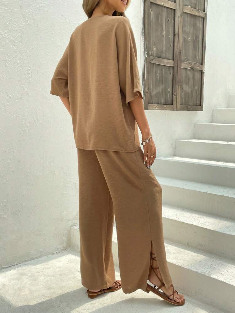 Solid Batwing Sleeve Top & Split Hem Wide Leg Pants