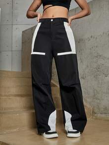 Street Colorblock Wide Leg Cargo Pants - Black - View 5