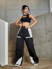 Street Colorblock Wide Leg Cargo Pants - Black - View 6