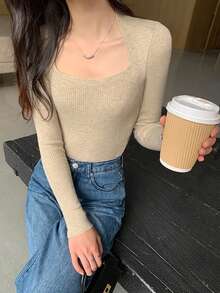 Jersey unicolor cuello Reina Ana tejido de canalé - Beis - Ver 3