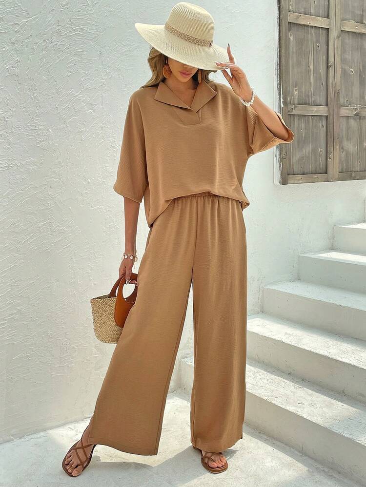 Solid Batwing Sleeve Top & Split Hem Wide Leg Pants