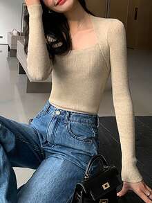 Jersey unicolor cuello Reina Ana tejido de canalé - Beis - Ver 4