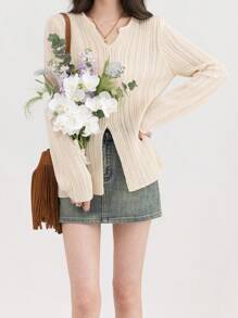 Solid Button Front Split Hem Ribbed Knit Sweater - Beige - View 1