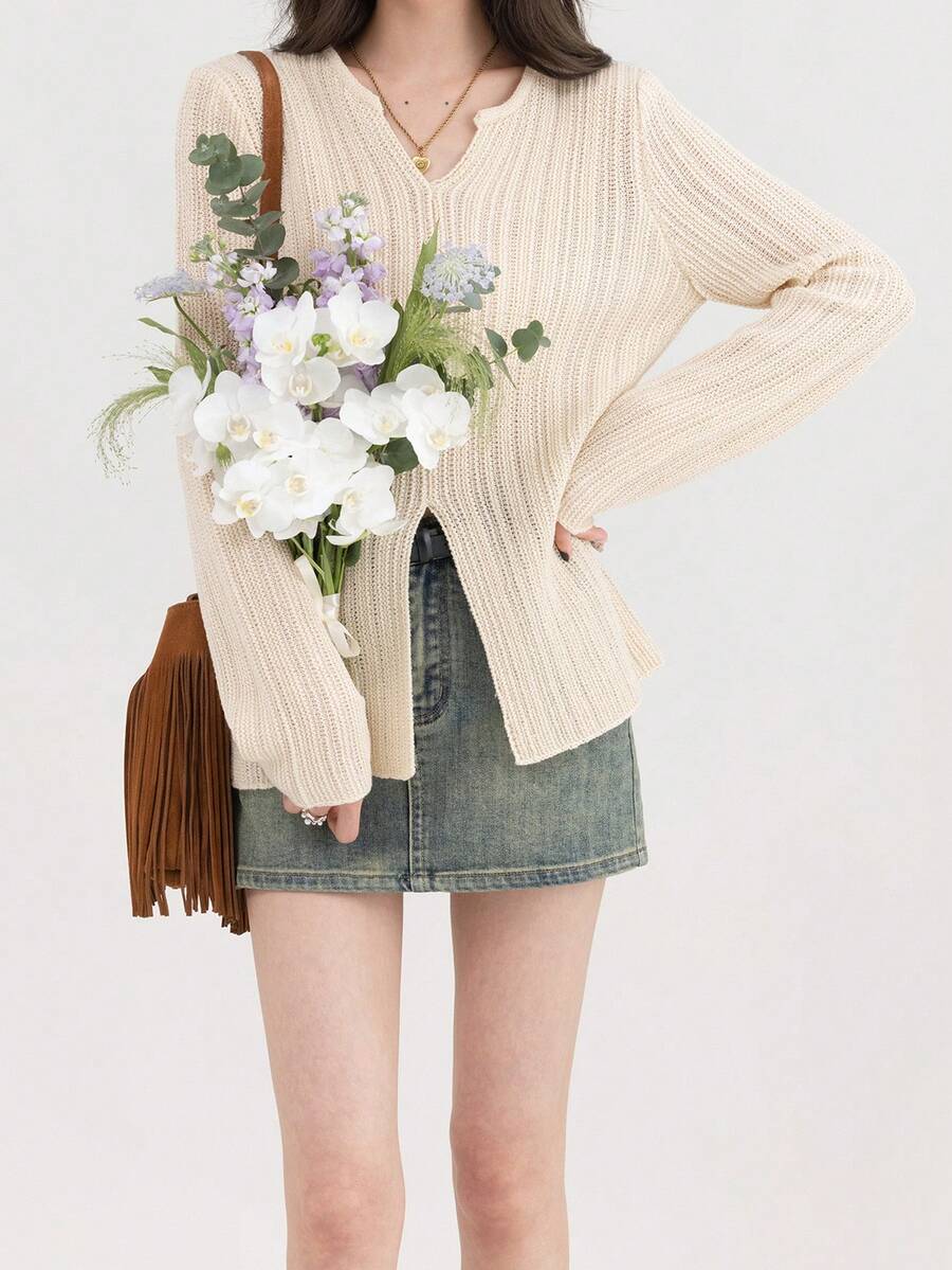 Solid Button Front Split Hem Ribbed Knit Sweater - Beige - View 1