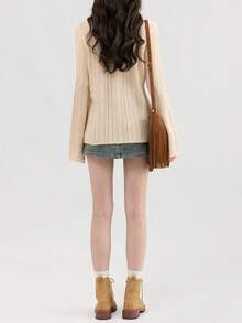 Solid Button Front Split Hem Ribbed Knit Sweater - Beige - View 2