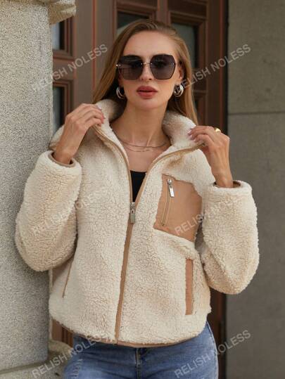 RELISH NOLESS Damen Lässig Alltags Kontrast-Farben Sherpa Jacke mit Reißverschluss, Herbst/Winter