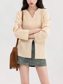 Solid Button Front Split Hem Ribbed Knit Sweater - Beige - View 3