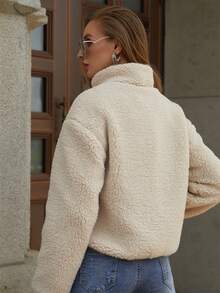 RELISH NOLESS Women's Casual Everyday Zip-Up Contrast Color Sherpa Jacket, Autumn/Winter Spring - Beige - View 2