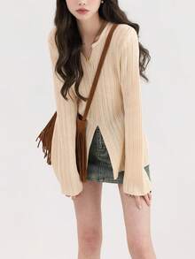 Solid Button Front Split Hem Ribbed Knit Sweater - Beige - View 4