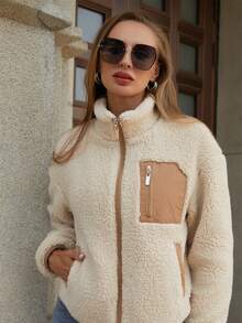 RELISH NOLESS Women's Casual Everyday Zip-Up Contrast Color Sherpa Jacket, Autumn/Winter Spring - Beige - View 4