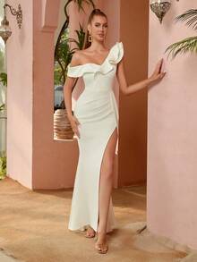 不對稱領荷葉邊高衩連衣裙 - 白色 - 查看 4