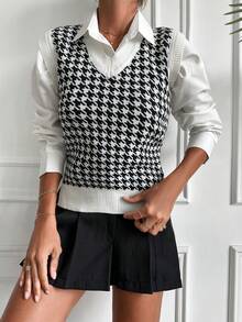EURMUSE Houndstooth Pattern Sweater Vest - Black and White - View 3