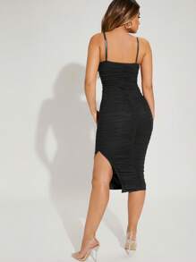 Hauture Váy lưới xẻ đùi nhún bèo - màu đen - Xem 3