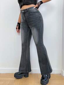 ROMWE PUNK 大碼骷髅頭圖案牛仔喇叭褲不附腰帶 - 灰色 - 查看 5