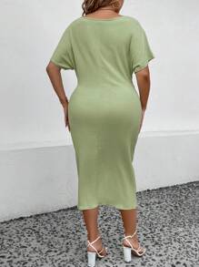SHEIN LUNE Plus Twist Front Batwing Sleeve Split Thigh Dress - Green - View 2